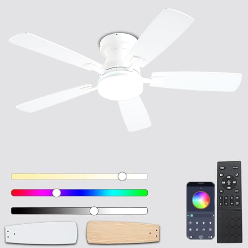 Image of Ayaoty 42 inchFlush Mount Ceiling Fans with Lights,White Low Profile Ceiling Fan with 3CCT Dimmable LED RGB Light, 6 Wind Speeds Adjustable, Indoor Modern Fan Light for Kid's Room, Bedroom, White