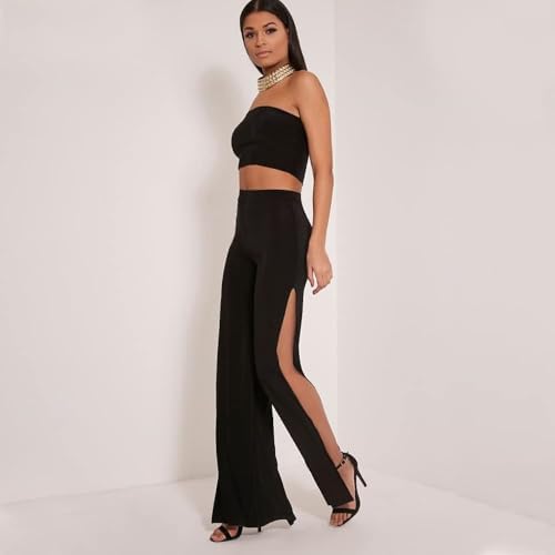 GORGLITTER Transparante Palazzo broek voor dames, zomeroutfit, broek met split, brede pijpen, vrijetijdsbroek, losse broek met elastische tailleband, zwart, M