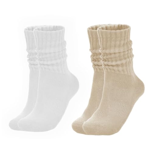 Image of Womens Slouch Socks Cotton Calf Socks Cream Scrunchy Retro Solid Crew Socks