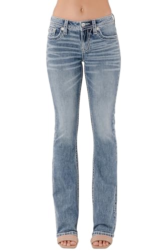 Miss Me Women's Zinnia Cross Stitch Embellished Faux Flap Pockets Mid-Rise Bootcut Jeans2