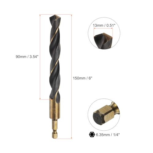 QUARKZMAN 4 Stück Metall Spiralbohrer 13mm, Gold Titanium & Schwarz Nitride Beschichtet 4341 HSS Bohrer mit 6,35 mm Sechskantschaft, Jobber Bohrer Für Edelstahl, Metall