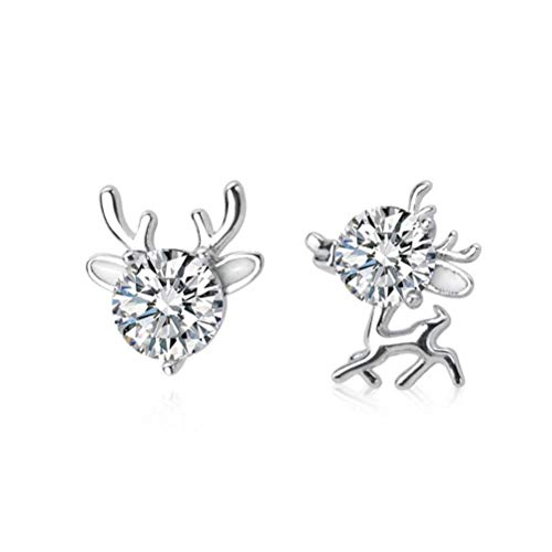 S925 Silver Earrings Female Korean Simple Personality Literary Style Asymmetrical Diamond Deer Earrings Jewelry Silver, ZODJK, Silver