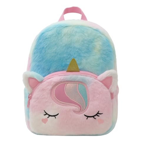 minimutz Kindergartenrucksack Einhorn Mädchen, flauschiger Rucksack Kinder Plüsch, Freizeitrucksack klein Kindergarten Kita mit Vordertasche, 26x23x7 cm, 4L