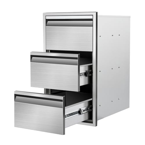 Image of Outdoor Kitchen Drawers 14 inch W x 25.4 inch H x 21 inch D Stainless Steel Triple Drawers with Hidden Handle for BBQ Island, Patio Grill Station & Outdoor Kitchen Cabinets