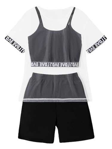 Image of SHENHE Girl's Letter Print Taped Sheer Mesh Top and Cami Top with Biker Shorts Set Black and White 11-12Y