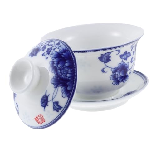 DECOMELODY 青花磁器製蓋碗茶器 実用的な陶製ティーカップ 蓋付き伝統茶碗 ホームオフィス対応 おしゃれな茶道具 ホット コールド対応