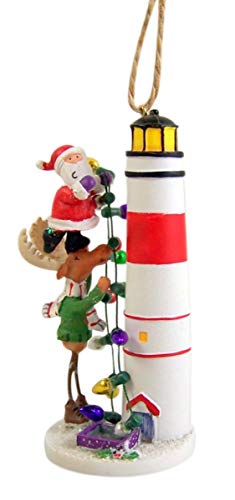 Santa And Moose Decorating Lighthouse Hanging Ornament #TOP2