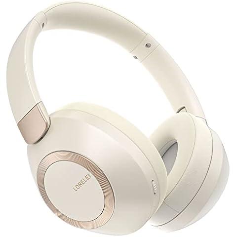 LORELEI B-C6 Wireless Over Ear Headphones, 50H Playtime Foldable Lightweight Bluetooth Headsets, Deep Bass, Built-in Microphone, Memory Foam Earmuff, for Travel, Home Office (Beige White) Cover