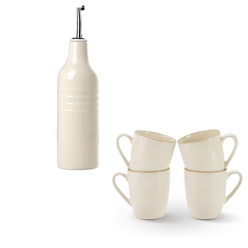 Jupiter 14 OZ Coffee Mugs Set of 4 and 1 Piece 16oz Oil Dispenser for Kitchen, Vanilla White