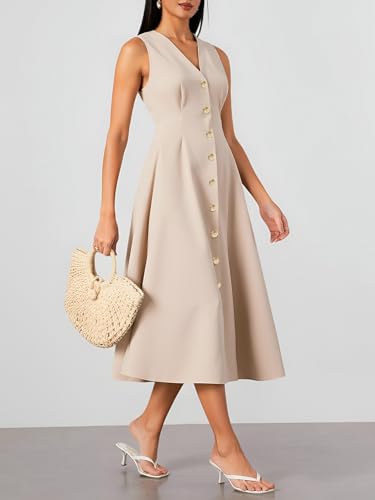 Women's Sleeveless Button Down Dresses Summer A Line Work Maxi Dress Formal Elegant Office Outfits3