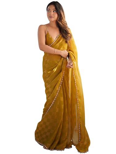 Image of AKHILAM Women's Chiffon Checkered Printed Saree With Unstitched Blouse Piece (AARYAN14602 KR Parent)