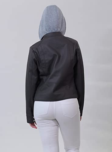 JOUJOU Women's Vegan Leather Jacket with Faux Fur Lining & Removable Hoodie, Stylish & Trendy Coat2