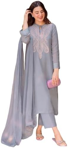 ANNI DESIGNER Women's Cotton Blend Embroidered Straight Kurta with Pant & Dupatta (Gudali Blue_M_Blue_Medium)