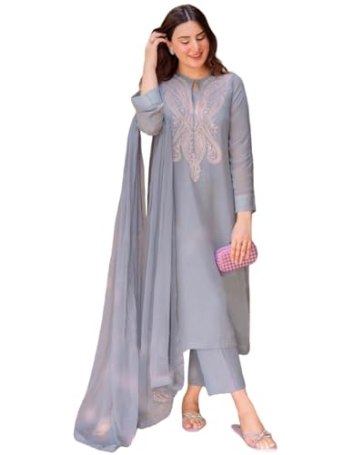 ANNI DESIGNER Women's Cotton Blend Embroidered Straight Kurta with Pant & Dupatta (Gudali Blue_M_Blue_Medium)