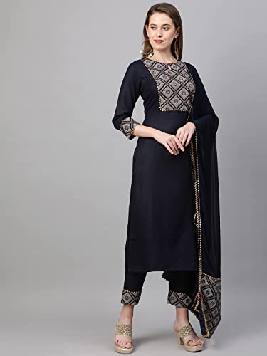 Image of GoSriKi Women's Ruby Cotton Straight Kurta with Pant & Dupatta (KALAKARI-GS)