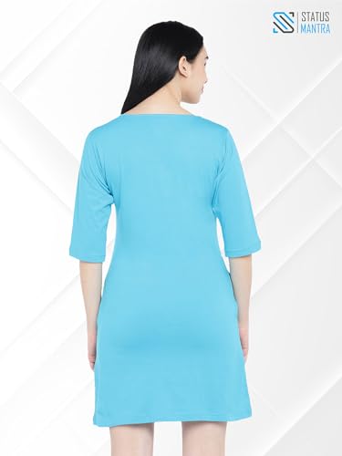 Image of STATUS MANTRA Women's Long T-Shirt Dress - Cotton Casual Knee Length Dress with 3 /4 Sleeves | Soft Bio-Washed Fabric, Crew Neck, Relaxed Fit | Comfy Summer Lounge Wear