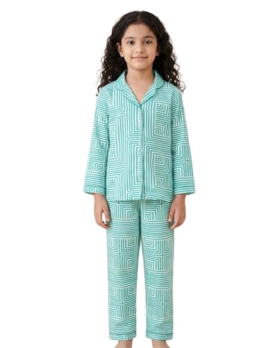 Image of Girls Premium Cotton Full Sleeves Printed Nightsuit Set | Collar Style Night Dress for Girls | Soft & Breathable Pajama Set | Trendy Kids Sleepwear & Nightwear