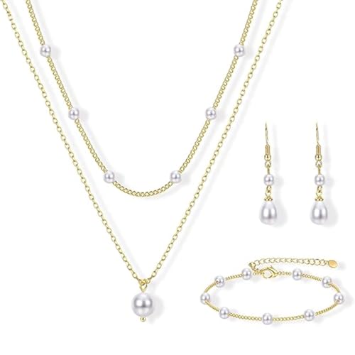 Hanaoops 3 Pièces Ensemble Bijoux de Perles en Fausses Plaqué Or Collier Boucles D'oreilles et Bracelet Parure Perles Longues Boucles D'oreilles Réglable...