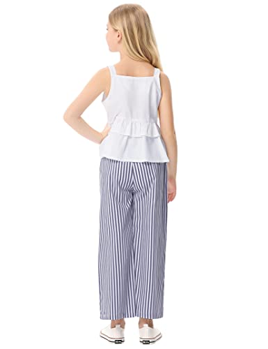 Image of Girl's 2 Piece Striped Outfits Cami Top Wide Leg Pants Ruffle Hem Summer Clothes with 2 Pockets 3-14Y