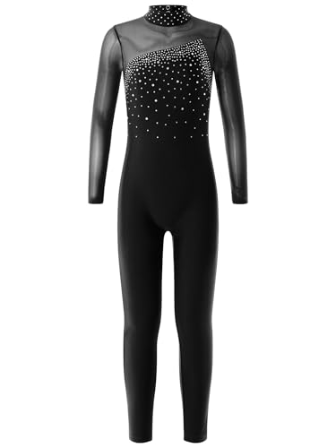 Eandarui Turnanzug Ganzkörper Mädchen Langarm Strass Glitzer Voltigieranzug Kinder Sportbody Gymnastik Trikot Stehkragen Leotard Mit Cut Out Tanzkleidung Schwarz 146-152