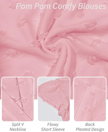 Satohom Women's Casual T Shirt Chiffon Blouse, Ladies V Neck Ruffle Short Sleeve Shirts with Dot Summer Tops, Elegant Tunic Solid Blouse Lightweight Loose Fit T-Shirts for Women UK, S –L Pink - Image 5