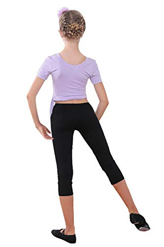 Girls Ballet Leotard Dance Outfits With Short Sleeves Top And Capri Leggings Kids Gymnastics Clothes Set Purple #TOP1