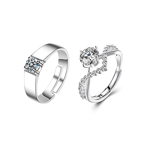 QKEPCY Coppia di Anelli Argento Sterling 925, Anello Fidanzamento per Donna Uomo Zirconi Fedine Fidanzamento Regolabile Promessa Fedine Sposa Confezione Gioielli Regalo Fedi Nuziali