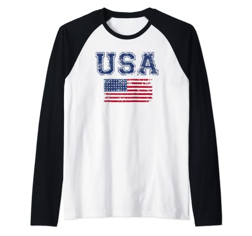 USA Block Letters Distressed Flag Raglan Baseball Tee, Black