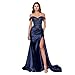 V Neck Satin Prom Dresses Long Mermaid Lace Evening Gown with Slit Pleated Bodycon Formal Dress with Tail US6 Silver