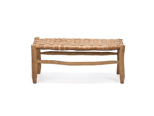 ZocoChic Banco Marroquí de Cuero Trenzado, Banco de Madera Natural, Asiento de Cuero Artesanal, 100x40x40 cm, Marrón