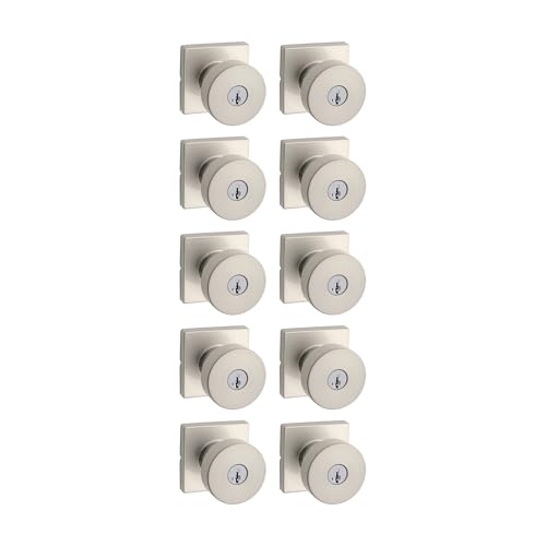 Image of Kwikset Pismo Entry Door Knob with Lock and Key, Secure Keyed Handle Exterior, Front Entrance and Bedroom, Satin Nickel, 10 Pack, Pick Resistant SmartKey Rekey Security and Microban