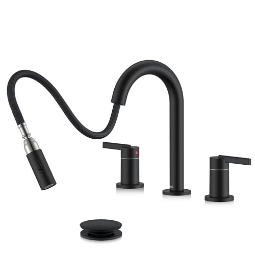 KENES Matte Black Pull Out Bathroom Faucet 8 Inch 2 Handle Widespread Bathroom Faucet 3 Hole with Pull Down Sprayer Bathroom Sink Faucet with Pop Up Drain & Supply Lines LJ-9068-2