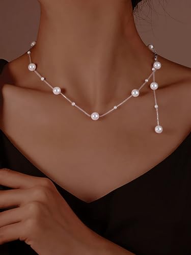 Dainty Pearl Necklaces for Women 925 Sterling Silver Simple White Pearl Drop Y Long Pendant Necklace Pearls Gold Choker Necklace for Mother Bride Birthday Wedding Jewelry Gift3