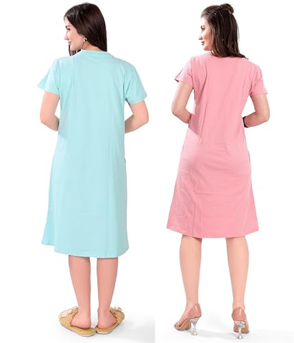 Image of Printed Knee Length Pocket Night Dresses for Women | Cat Lover | Premium Soft Cotton Nighty | Blue and Maroon