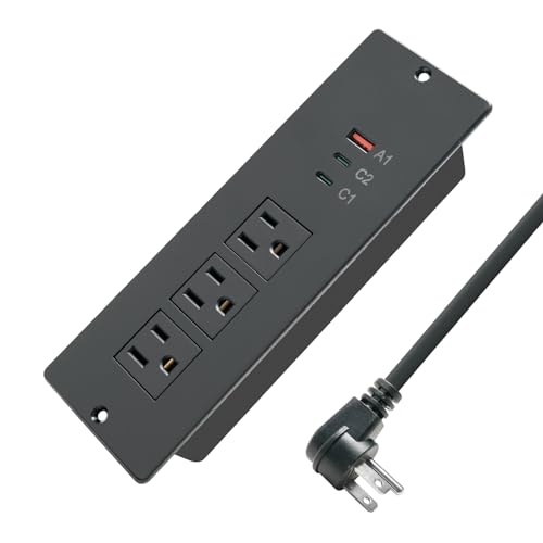 45W Recessed Power Strip USB C, Flush Mount Desk Extender 3 AC Outlets 2 PD USB-C&1 Fast Charge USB-A Ports,Flat Plug Extension Cord for Drawer Cabinet Countertop Table Conference Black
