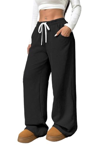 Image of Women's Trendy Korean Trouser with Pockets, Casual Corduroy Stretchable Baggy Loose || High Rise Elastic Waist Going Out Lounge Pants || Wide Leg Pants for Woman