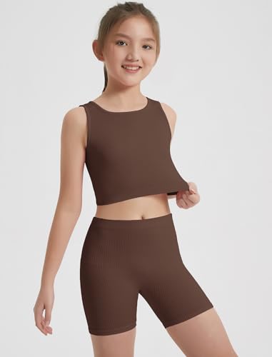 Image of EXARUS Girls 2 Piece Outfits Seamless Ribbed Cropped Tank Top Shorts Set | Teen Two Piece Outfit Tween Summer Dance Vacation Yoga Crew Neck Youth Athletic Workout Set Kids High Waist Elasticity 6-14Y