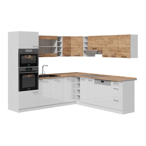 Vicco Cocina esquinera R-Line, Oro Potencia Roble/Blanco, 247 x 60 cm Muebles Bicolor, ENC Roble