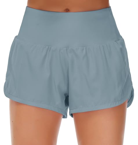 Origiwish Women's High Waisted Running Shorts with Liner Quick Dry Athletic Workout Shorts Zipper Pockets Denim Blue