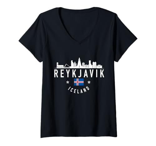 Mujer Reykjavik Islandia Skyline Flag Pride Souvenir Camiseta Cuello V