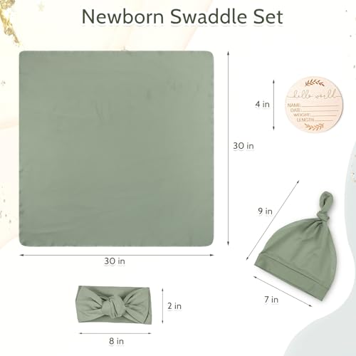 Image of TANOFAR Newborn Swaddle Blanket for Baby Girls & Boys, Ultra Soft Receiving Blankets with Matching Headband and Beanie Set Baby Nursery Swaddle Wrap (Green)