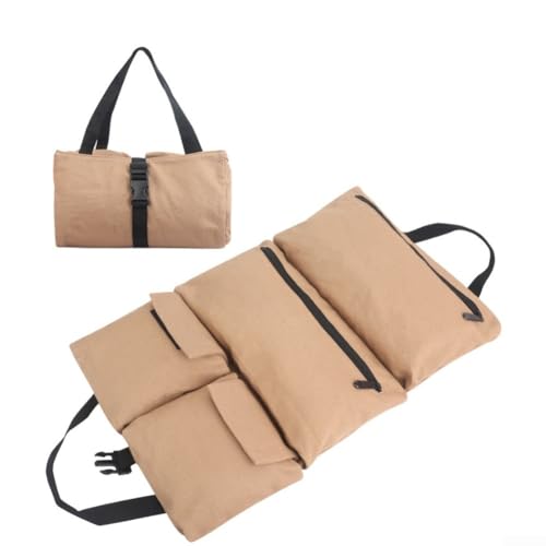 Bolsa de almacenamiento de herramientas con múltiples compartimentos con cremallera hecha de lona impermeable, proporcionando un almacenamiento organizado y accesible para herramientas, incluyendo