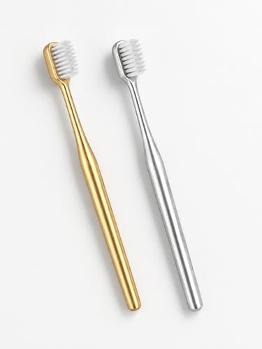 Pickliin Luxury Toothbrush | Premium Metal Handle Manual Toothbrush | Soft Bristles | Gold n Silver Coated | PACK OF 2 MIX BRISTLE COLOR | Elegant Reusable Tooth Brush for Adults Home & Travel