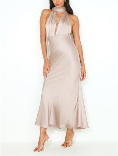 Image of 2026 Women's Satin Halter Deep V Neck Wedding Guest Maxi Dresses