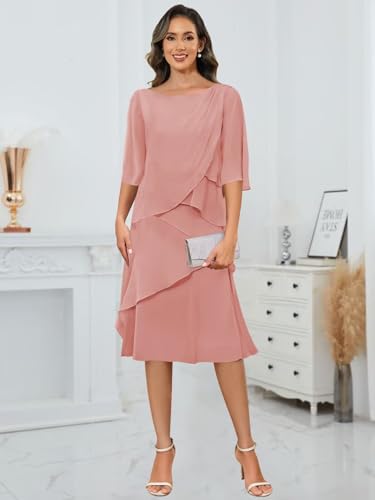 Chiffon Mother of The Bride Dresses Tea Length Short Sleeves 2025 for Women Ruffle Formal Dress3