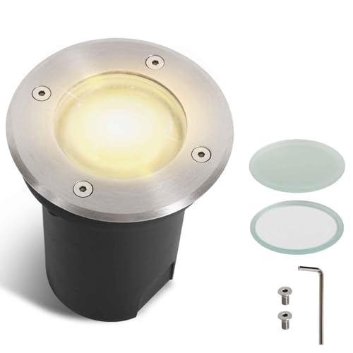 Fiqops Bodenstrahler außen IP67,Bodeneinbaustrahler aussen mit LED GU10 3W Warmweiß (Wechselbar) rund Bodenleuchten Schwenkbar Mit Mattierten...