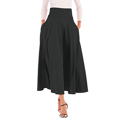 Falda larga para mujer, acampanada, elegante, de cintura alta, con cinturón, abertura lateral, con bolsillos, lazo, elegante, casual, de verano, para mujer, venta en el Reino Unido, Negro, S
