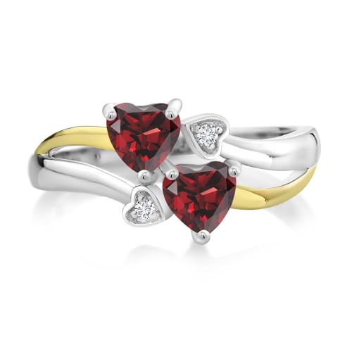 Gem Stone King 925 Silver and 10K Yellow Gold Red Garnet and White Lab Grown Diamond Ring For Women (1.22 Cttw, January Birthstone, Heart Shape 5MM, Available in Size 5,6,7,8,9)3