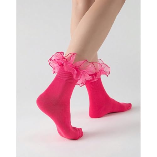 Image of Women Big Ruffle Ankle Socks Adult Double Lace Frilly Socks Fold Cuff Cotton Ruffled Dress Crew Bobby Bride Sock