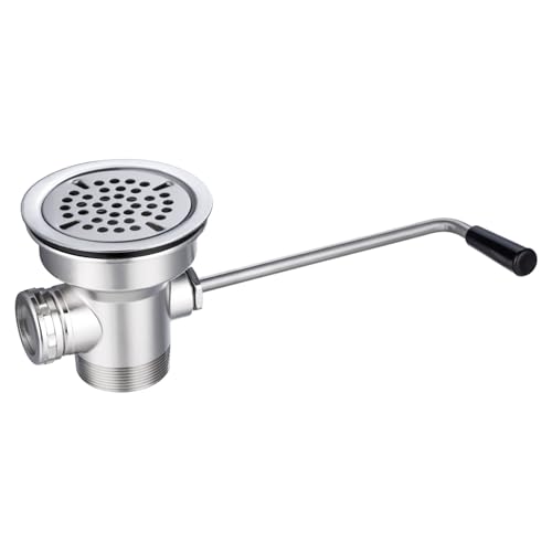 Image of 3-1 /2 inch Commercial Sink Drain with Overflow, Twist Handle Waste Drain Valve | Zn-alloy & Stainless Structure Chrome Finish for Restaurant Industrial Deep 3 Compartment Sink, 2 inch NPT Outlet Double-Thread